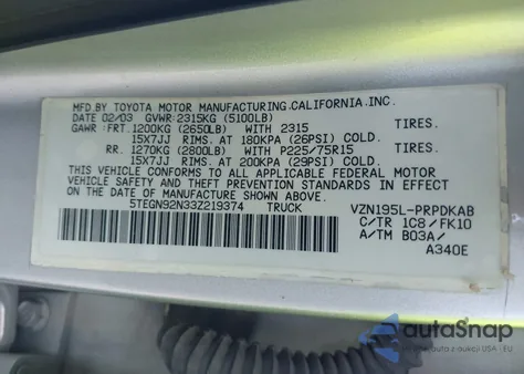 2003 Toyota Tacoma Prerunner V6 z USA, uszkodzony, nr VIN 5TEGN92N33Z219374